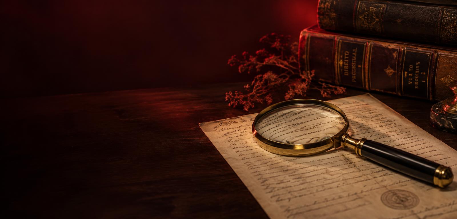Lupa sobre documento manuscrito